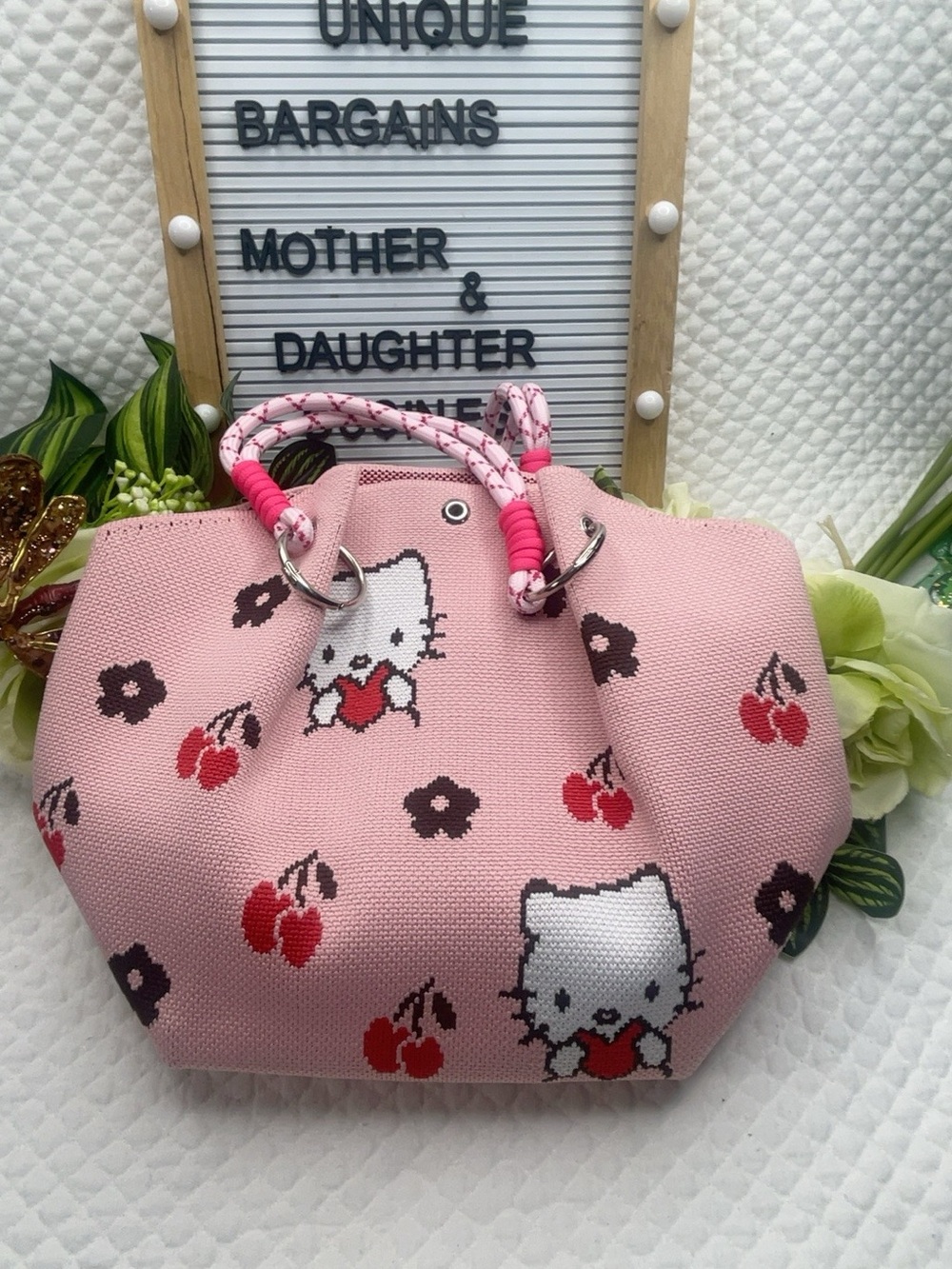 Rare Hello Kitty Pink Cherry Floral Tote Bag Rope Handles Sanrio